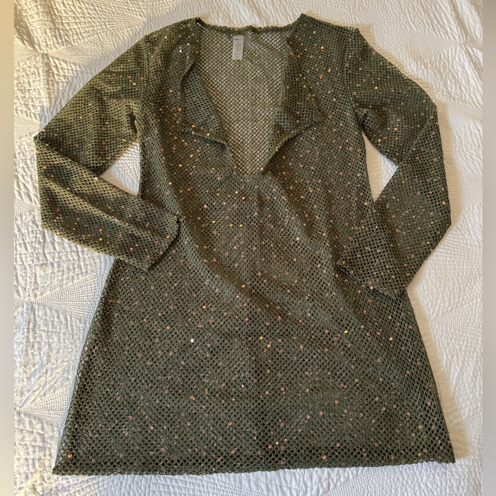 Fashion Nova Green Sequin Long Sleeve Swimwear Coverup Dress